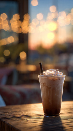 Iced coffee with whipped cream in a glass on a wooden table.