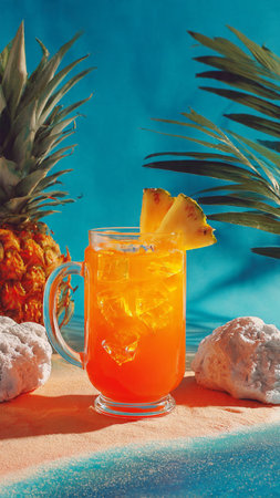 Refreshing tropical drink with ice and pineapple on the beach.の写真素材