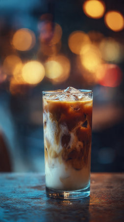 Iced coffee in a glass on the table. Selective focus.の写真素材