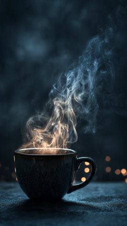Cup of hot coffee with smoke on dark background, close upの写真素材