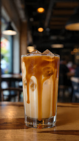 Iced coffee in a tall glass on a wooden table in a cafeの写真素材