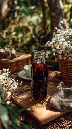 Coffee in a glass bottle on a table in the gardenの写真素材