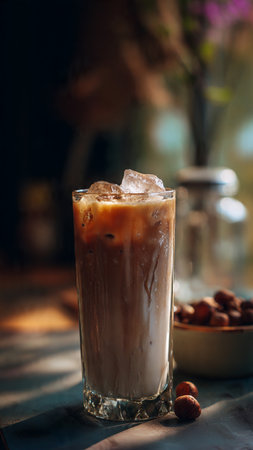 Iced coffee with milk in a glass on a wooden table.