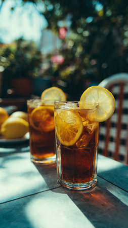 Iced tea with lemon and ice cubes on a wooden table.の写真素材