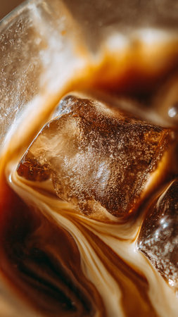Coffee with ice cubes in a glass close-up.の写真素材