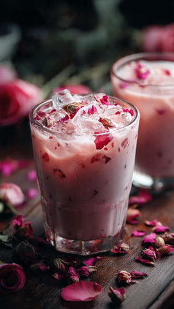 Pink rose milkshake with ice and rose petals, selective focusの写真素材