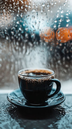 Cup of coffee with rain drops on the window in rainy dayの写真素材