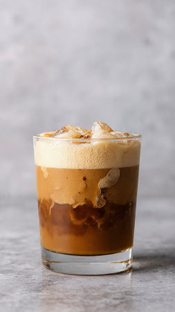Iced coffee with whipped cream in a glass on a gray background