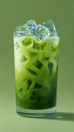 Iced matcha green tea latte in a glass on green backgroundの写真素材