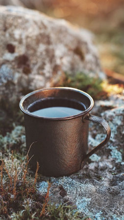 Mug of hot tea on a stone in the autumn forest.の写真素材