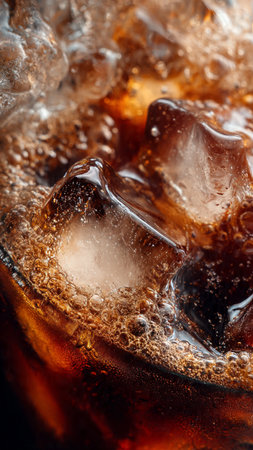 cola with ice cubes on a dark background, close-upの写真素材