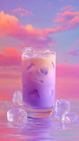 A glass of purple milk and ice cubes on the sunset background.の写真素材