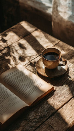 Cup of coffee and book on a wooden table in sunlight.の写真素材
