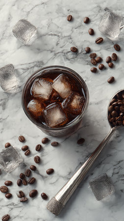Glass of iced coffee with ice cubes on white marble table, top viewの写真素材