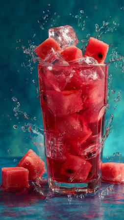 Watermelon drink with ice cubes and water splashes on blue backgroundの写真素材