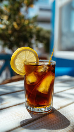 A glass of cola with ice and lemon on a wooden tableの写真素材