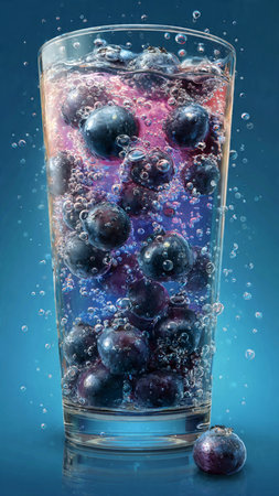 Blueberries in a glass of water with bubbles on a blue backgroundの写真素材