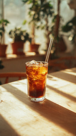 Glass of iced cola with straw on wooden table in cafe