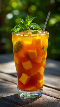 Mango ice tea with mint on a wooden table in the gardenの写真素材