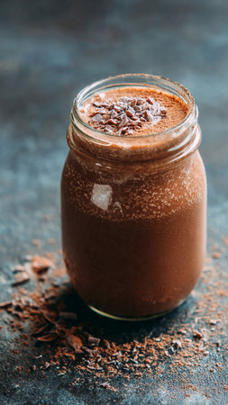 Chocolate smoothie in glass jar with cocoa powder on dark backgroundの写真素材