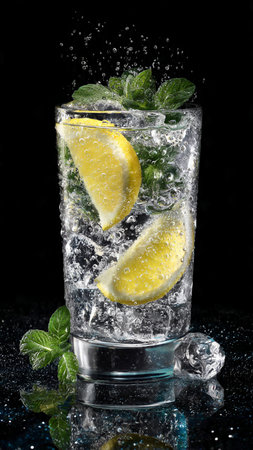 Mojito cocktail with lemon, ice and mint on black backgroundの写真素材