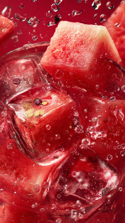 Watermelon in ice cubes with bubbles on a red background, close-upの写真素材