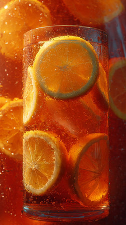 Glass of orange juice with ice cubes and lemon slices, closeupの写真素材