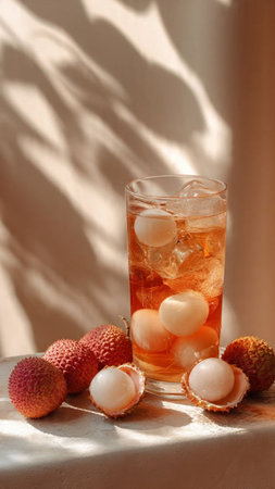 Lychee juice with ice cubes on a white table in sunlightの写真素材