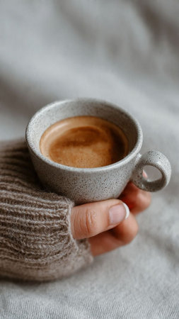 Female hands in warm knitted sweater holding cup of coffee, closeupの写真素材