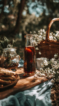 Tea in a glass bottle on a wooden table with a basket of cookiesの写真素材