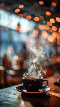Cup of coffee on a wooden table in a cafe with bokehの写真素材