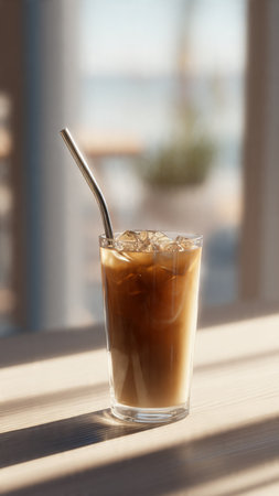Iced coffee in a glass on the table by the window.の写真素材