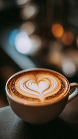 Latte art coffee in a cup on wooden table, stock photoの写真素材