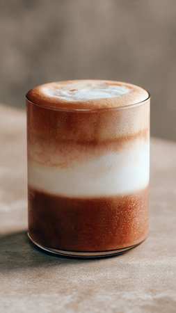 Cappuccino in a glass with foam on a brown background