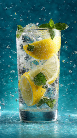 Mojito cocktail with lemon, mint and ice on blue backgroundの写真素材