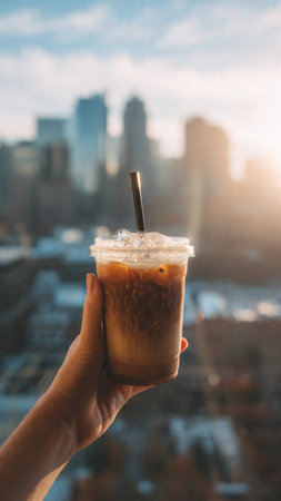 Woman hand holding iced coffee with ice cubes and straw on blurred city background.の写真素材