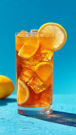 Glass of cola with ice cubes and lemon slices on blue backgroundの写真素材