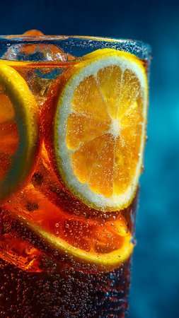 Cuba libre cocktail with orange and ice on dark blue background