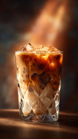 Iced coffee in a glass with ice cubes on a dark background