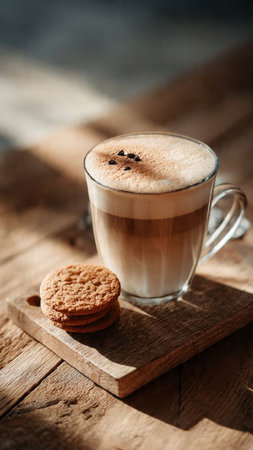 Cappuccino or latte coffee in a glass with cookiesの写真素材