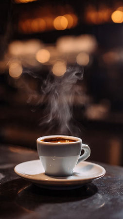 Cup of coffee on a table in a pub. Selective focus.の写真素材