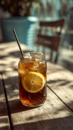 Glass of iced tea with lemon and straw on a wooden tableの写真素材