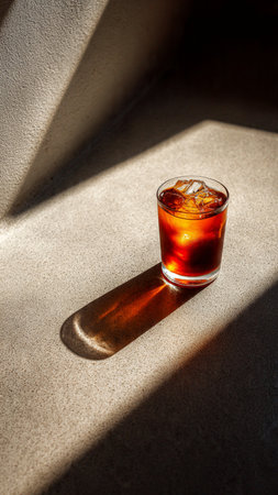 A glass of cola with ice cubes on a table in sunlight