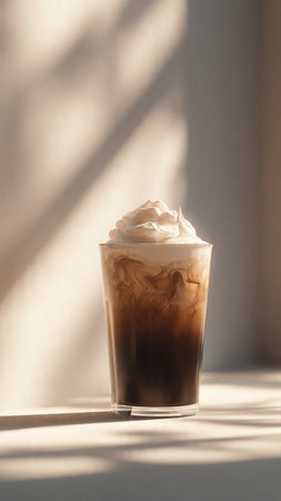 Iced coffee with whipped cream in a tall glass on a sunny day
