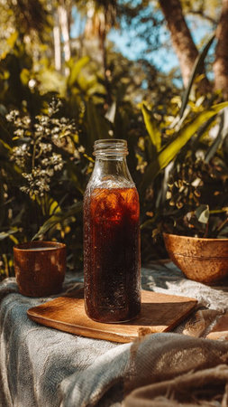 Cola in a glass bottle on a wooden table in a garden.