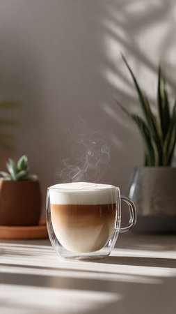 Cup of coffee with milk on table in room, closeupの写真素材