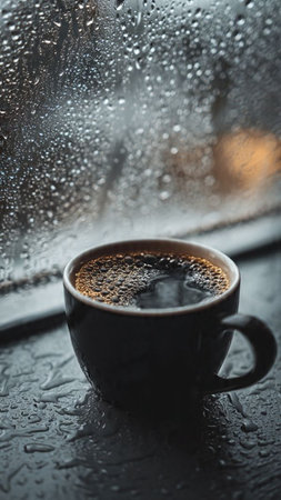 Cup of coffee with rain drops on the window in rainy dayの写真素材