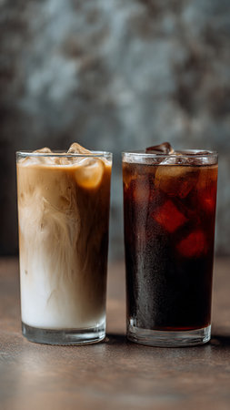 Iced coffee with milk and ice cubes on a dark background.の写真素材