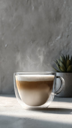 Cup of coffee on table against grey wall. Space for textの写真素材