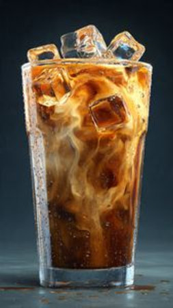 Ice coffee in a glass with ice cubes on a dark background.